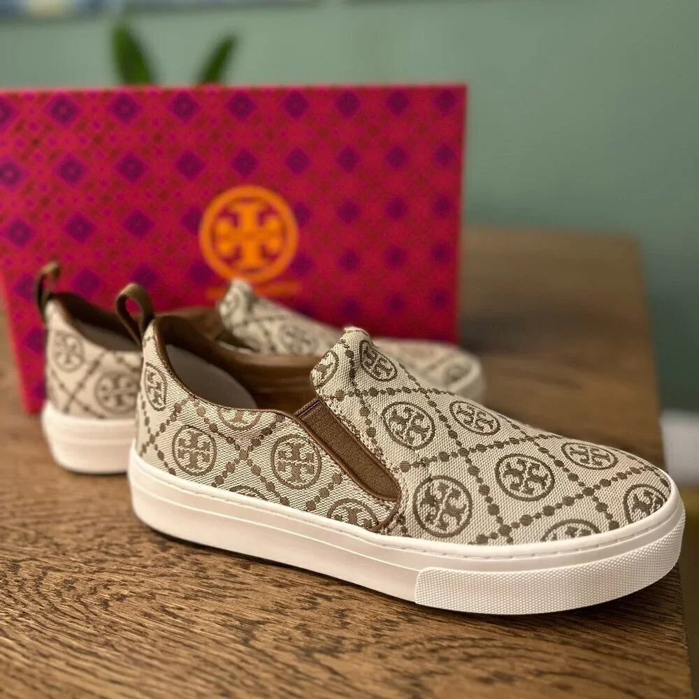 NWT！NEW！Tory Burch T Monogram Slip On Sneaker Leather /Jacquard Hazel Brown US 6
